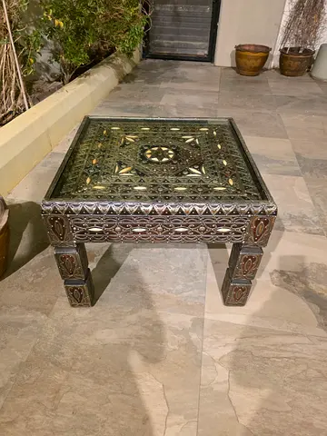 Hand-carved inlaid wooden coffee table with mother-of-pearl details