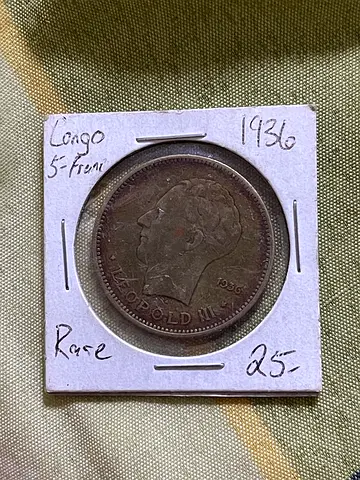 1936 Congo 5 Francs Coin – Vintage Collectible