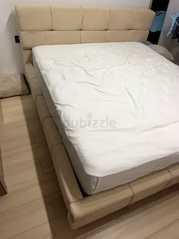 Beige Upholstered King Bed Frame with Headboard - Good Condition