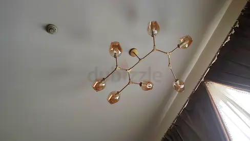 Modern Brass 8-Arm Ceiling Chandelier with Amber Glass Shades