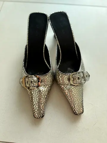 By Far Silver snakeskin mules with buckle, size 36 — preowned