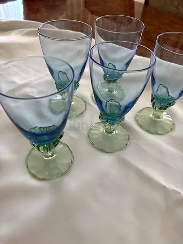 Set of 5 Vintage Blue-Green Wine Glasses - Good Condition