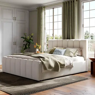 Upholstered Fabric Double Bed with Padded Headboard - Light Beige