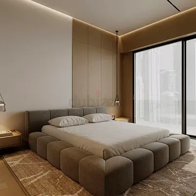 Low-profile modern upholstered platform bed with padded frame (king-size look)