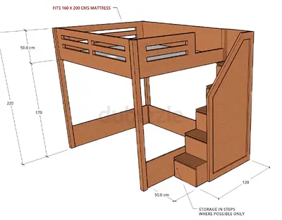FREE Loft Bed with Storage Steps - Fits 160 x 200 cm Mattress, Wooden