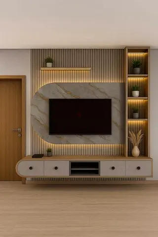 Modern wall-mounted entertainment unit with integrated shelving and LED lighting