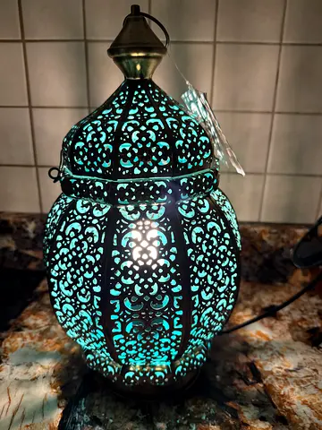 Handcrafted Moroccan Style Metal Table Lamp with Teal Interior Light