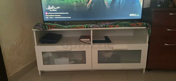White TV Cabinet with Glass Doors - Good Condition