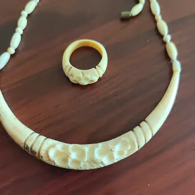 Cream carved necklace and matching ring set