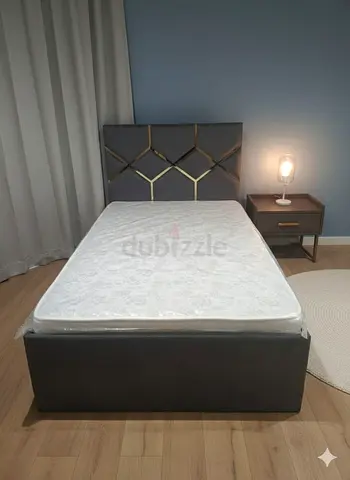 Single upholstered bed with mattress - grey, good condition