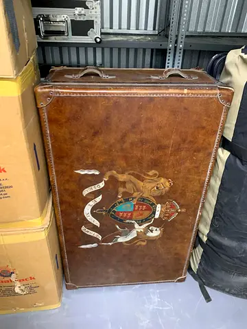 Vintage Leather Trunk Suitcase with Crest Design - Marina Home original - would work as coffee table