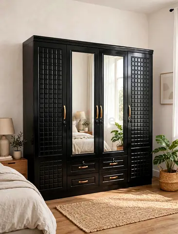 Large Black 4-Door Wardrobe with Mirrors and Drawers
