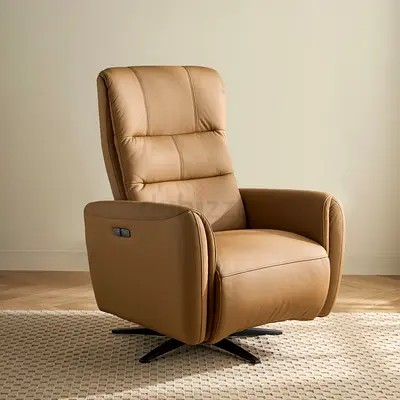 Leather Recliner Armchair with Swivel Base - Light Brown