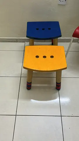 Set of 2 small wooden kids chairs — blue and yellow, good condition