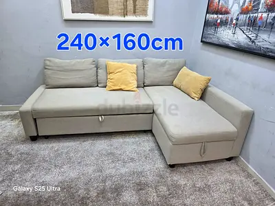 Beige L-shaped Sofa bed with Storage & Pull-out Bed 240x160cm