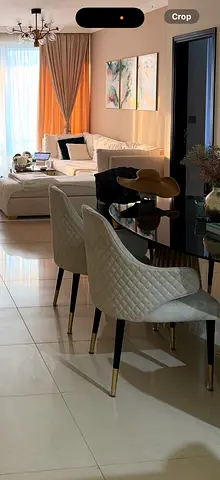 Dining table chairs (4 beige and 2 green) for sale. Custom-made