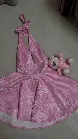 Pink jacquard party dress with bow straps, size likely small