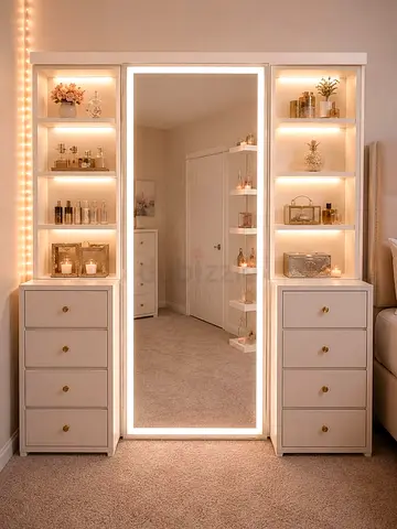White Vanity Mirror with Shelves and Drawers - LED Backlit Dressing Unit
