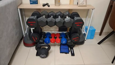 Set of Dumbbells, Kettlebell and Small Home Weights with Rack