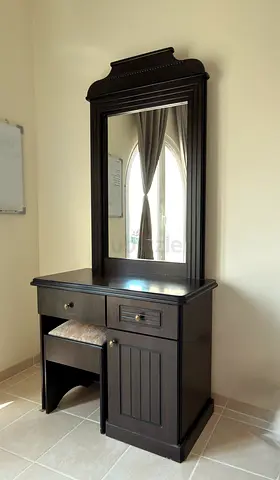 Dark Wood Dressing Table with Mirror and Stool - Good Condition
