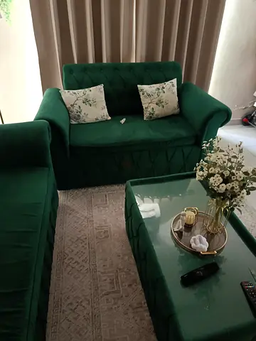 Green velvet 3-piece living room set (sofa + loveseat + coffee table) - good condition