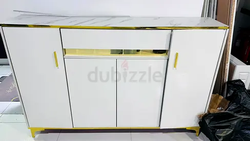 White and Gold Sideboard Cabinet with Marble Top - Good Condition