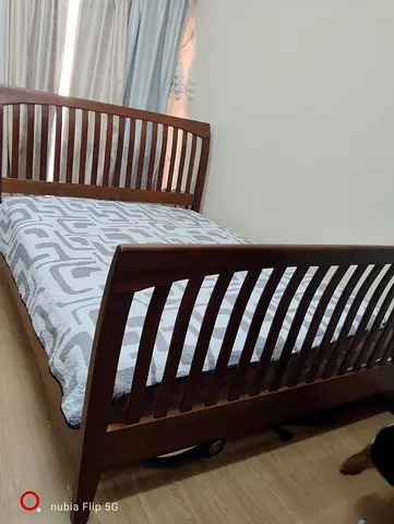 Solid Teak Wood Queen Bed Frame with Slatted Headboard & Footboard and Mattress