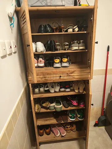 Tall Wooden Shoe Cabinet with Multiple Shelves - Good Condition