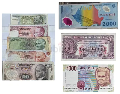 Set of 8 old banknotes: Turkey, Romania, Italy, British Armed Forces