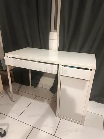 White modern study desk with drawer and cupboard - good condition