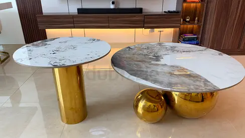 Pair of Modern Marble-Top Side Tables with Gold Bases