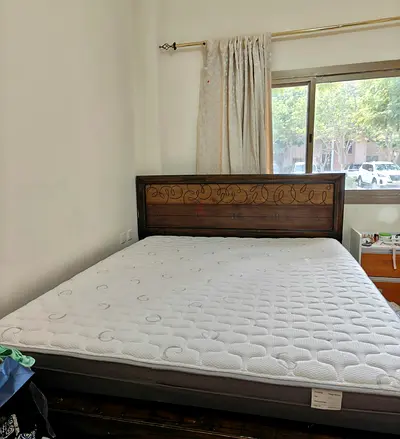 Wooden Double Bed Frame with Headboard and Mattress - Good Condition,