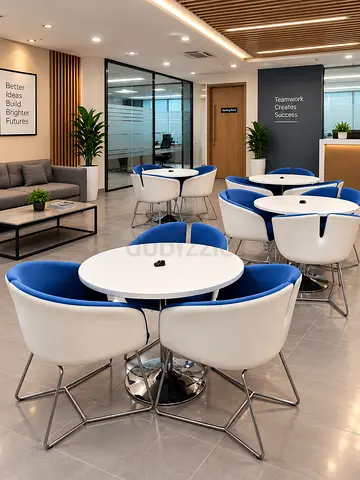 Set of Modern Round Dining Tables with Blue & White Upholstered Chairs - 3 Seats Each