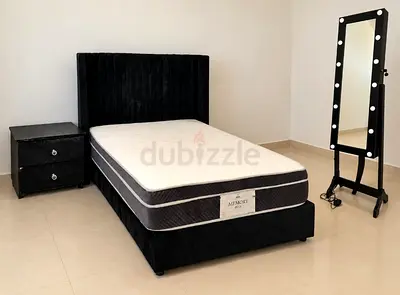 120x200cm Black Velvet Bed Set with Memory Plus Mattress, Bedside Table & Hollywood Mirror