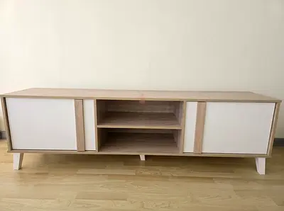 ​Modern TV Stand with Storage Cabinets & Open Shelves (White/Wood)