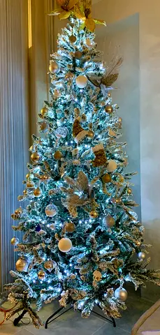 Pre-lit Frosted Artificial Christmas Tree with Gold & White Decorations (7ft approx.)
