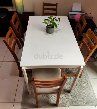 White dining table with six wooden chairs - used, good condition