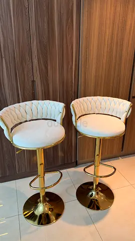 Pair of Gold Adjustable Bar Stools with White Quilted Seats