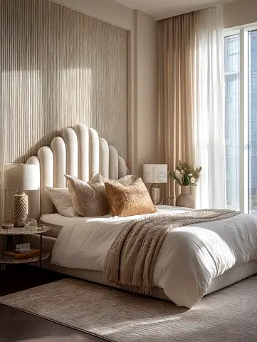 Modern upholstered bed with scalloped headboard - neutral beige