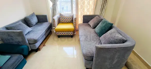 Grey velvet 3-seater sofa and matching 2-seater 1-seater set - good condition