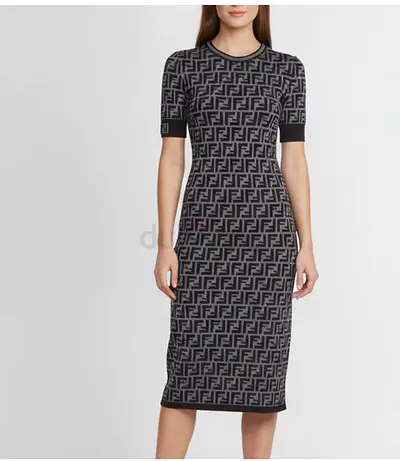 Fendi FF Logo Knitted Midi Dress - Grey/Black, Size 38