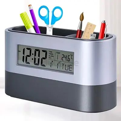 Desk Organizer Pen Holder with Digital Clock and Thermometer