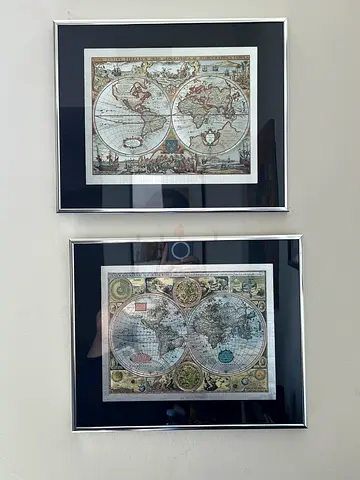 Pair of Framed Antique-Style World Map Prints (Vintage Wall Art)