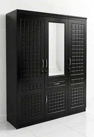 Three-door black wardrobe with middle mirror and drawers
