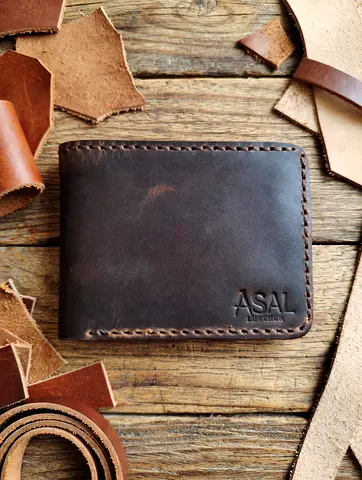 Genuine Wax Pull-Up Leather Bi-Fold Wallet by ASAL - Dark Brown, Minimalist