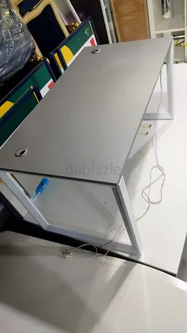 Simple grey office desk with cable grommets - good condition