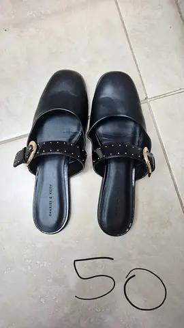 Black Charles & Keith Slip-on Mules with Studded Strap, Size 10 (EU 40.5)