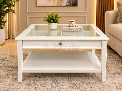 White Square Coffee Table with Glass Top and Drawer