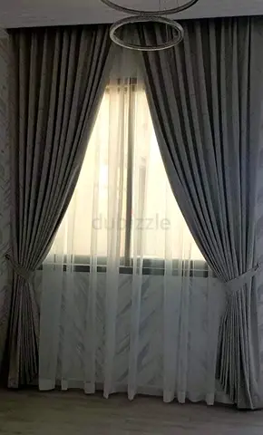 Full-length grey blackout curtains with sheer inner panels - set of 2 panels