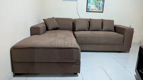 Brown L-shaped Fabric Sofa with Chaise — Good Condition